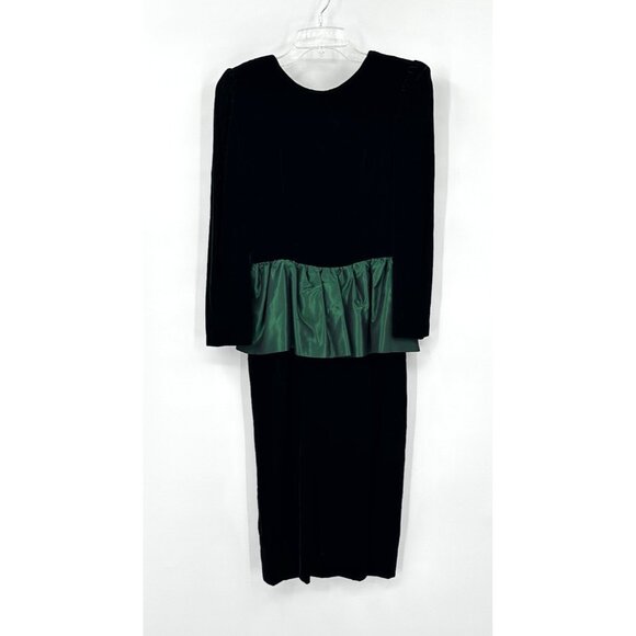 vintage 80s BLACK GREEN VELVET DRESS holiday christmas midi party handmade S - Picture 2 of 7